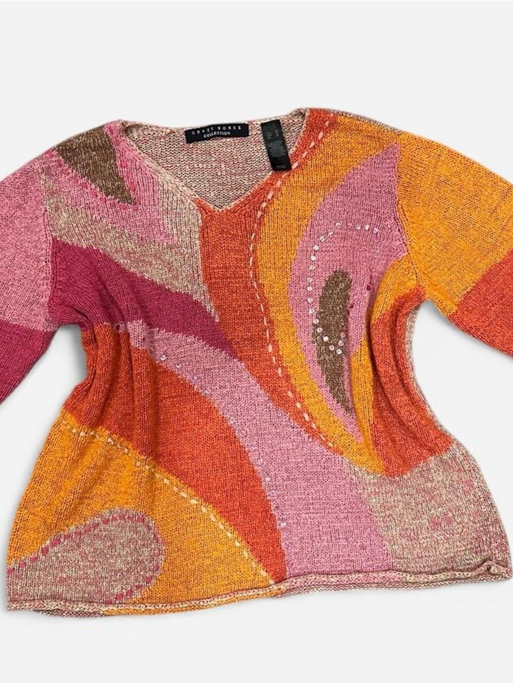 Crazy Horse Collection Women's Knit Abstract Multicolor V-Neck Pullover Sz XL